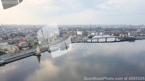 Image of Panorama of the Dnieper embankment, Havanskyi bridge and the church of St. Nicholas on the water in Kyiv, Ukraine.