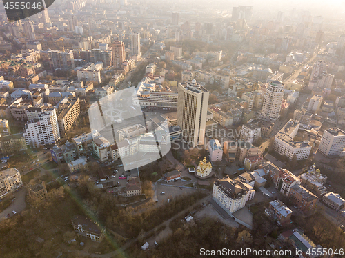 Image of Panoramic aerial view from the drone, a view of the bird\'s eye view of the the central part of the city of Kiev, Ukraine, the old buildings of the city.