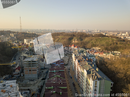 Image of Panoramic view of Vozdvizhenka district and Bald mountain, Kiev, Ukraine. Drone photography