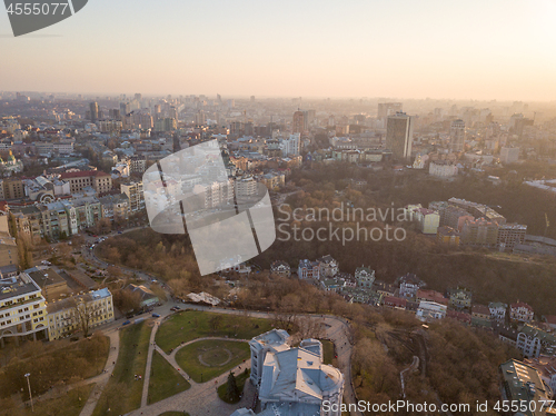 Image of Panoramic aerial view from the drone, a view of the bird\'s eye view of the the central historical part of the city of Kiev, Ukraine, with old buildings of the city.