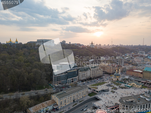 Image of view of St. Andrew\'s Church and the St. Michael\'s Monastery of the Golden Domes, the Ministry of the Interior and the Postal Square in Kyiv city