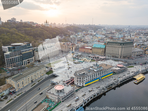 Image of Panoramic view of the river station and Postal square at the sunset in Podil in Kiev, Ukraine