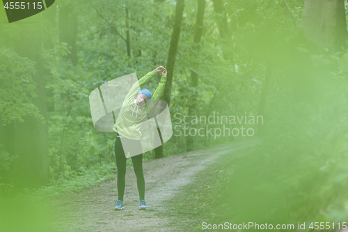 Image of Sporty woman working out in forest.