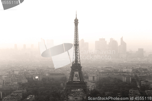 Image of Aerial view of Paris city at sunset.