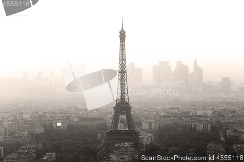 Image of Aerial view of Paris city at sunset.