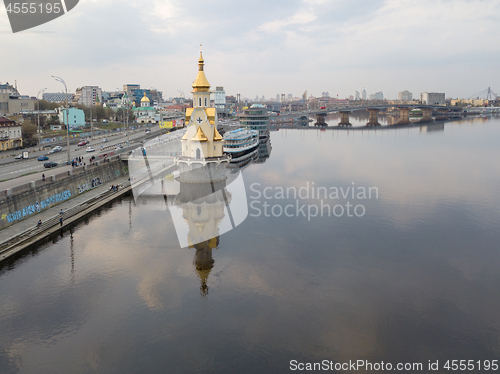 Image of Church of St. Nicholas the Wonderworker in the waters in Kyiv city, Ukraine