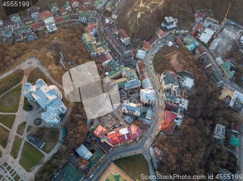 Image of A bird\'s eye view, aerial view shooting from drone of the Podol district, oldest historical center of Kiev, Ukraine.