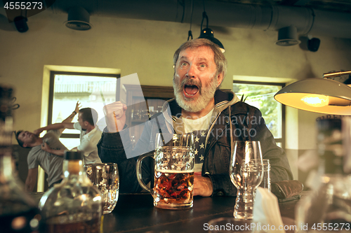 Image of The senior bearded male drinking beer in pub