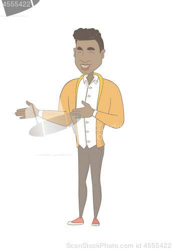 Image of Young african-american happy man gesturing.