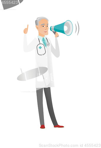 Image of Senior caucasian doctor talking into loudspeaker.