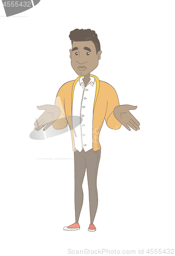 Image of Young african man shrugging shoulders.