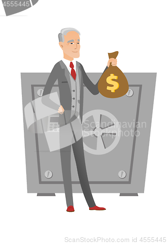 Image of Senior caucasian businessman holding a money bag.