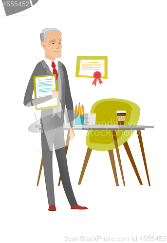 Image of Businessman holding clipboard with documents.