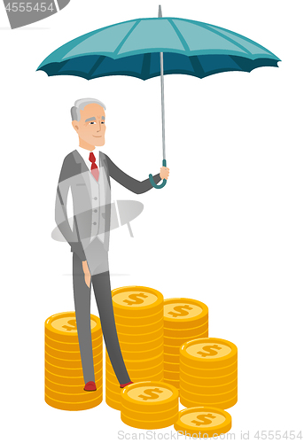 Image of Caucasian business insurance agent with umbrella.