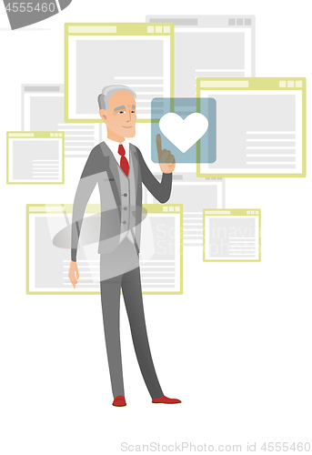 Image of Senior businessman pressing web button with heart.