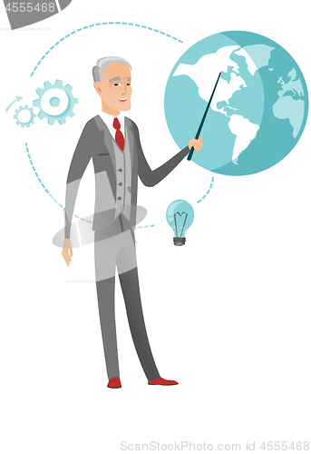 Image of Senior caucasian businessman pointing at a globe.