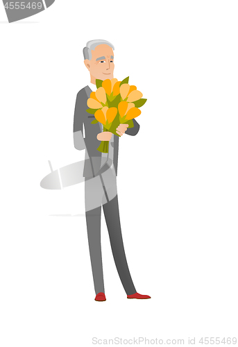 Image of Caucasian businessman holding bouquet of flowers.