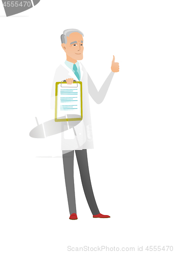 Image of Caucasian doctor with clipboard giving thumb up.