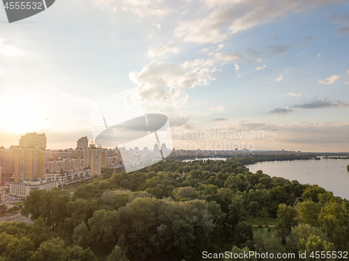 Image of Panoramic aerial view from the drone to Obolon district, park Natalka, river Dnieper in Kiev.