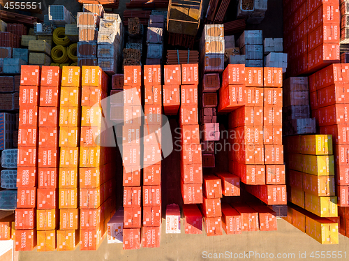 Image of Ukraine, Kiev. April 08, 2018. Building store Epicentr K - warehouse storage of building materials - aerated concrete and heat-insulating panels.