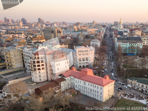 Image of Panoramic aerial view from the drone, a view of the bird\'s eye view of the the central historical part of the city of Kiev, Ukraine, with old buildings of the city.