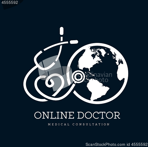 Image of Sign in the form of a stethoscope in the shape of the heart and globe. Can be used as a logo for online medicine, telemedicine or earth day