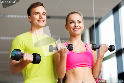 Image of couple with dumbbells exercising in gym