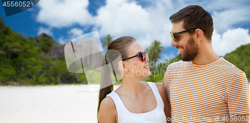 Image of happy couple in sunglasses on seychelles island