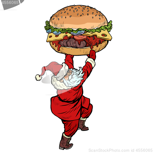 Image of Santa Claus with Burger. Christmas menu fast food restaurant concept