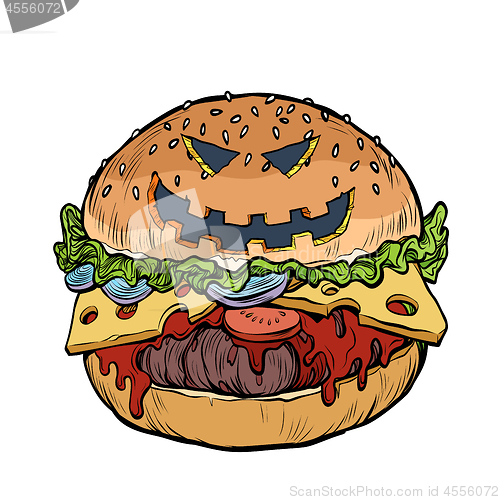 Image of Burger fast food with Halloween pumpkin face