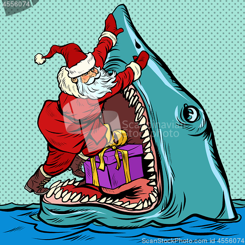 Image of Santa Claus pushes Christmas gift into shark mouth