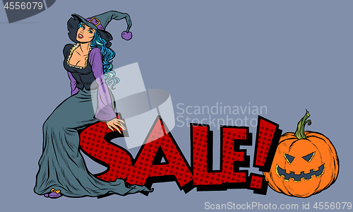 Image of Halloween sale. Witch and pumpkin