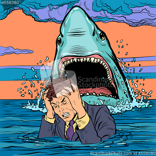 Image of The shark attacks the businessman. Man afraid