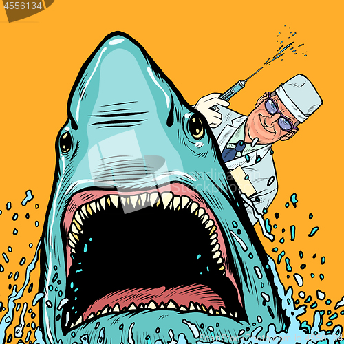 Image of A dentist and a shark, the doctor makes cauterized