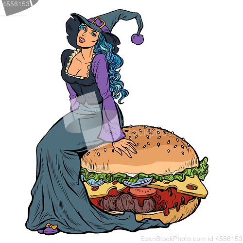 Image of Halloween witch sitting on a Burger. Festive menu in the restaurant