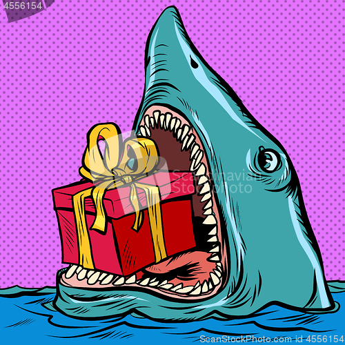 Image of Shark with a gift box. Holiday shopping Christmas Valentines day birthday