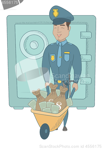 Image of Young hispanic policeman with confiscated money.