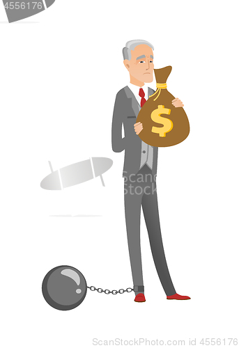 Image of Caucasian businessman with bag full of taxes.