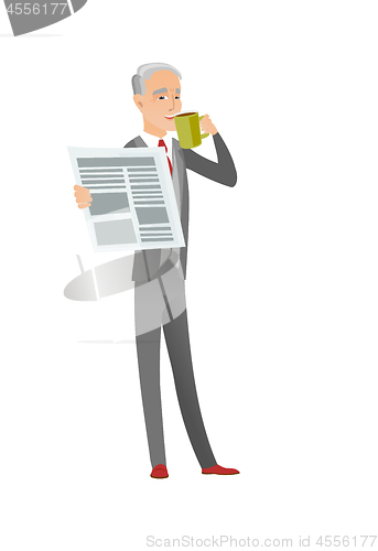 Image of Businessman drinking coffee and reading newspaper.
