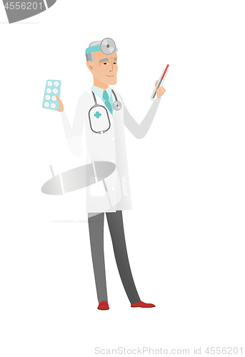 Image of Otolaryngologist holding thermometer and pills.