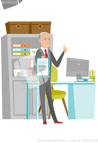 Image of Senior businessman with clipboard giving thumb up.