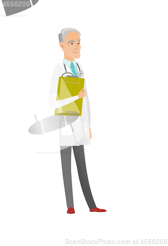 Image of Caucasian doctor holding clipboard with papers.