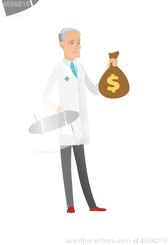 Image of Senior caucasian doctor holding a money bag.
