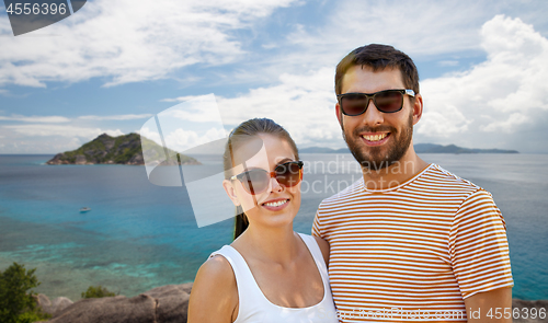 Image of happy couple in sunglasses on seychelles island