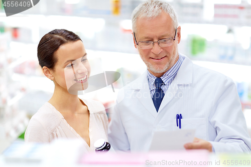 Image of apothecary and woman with drug at pharmacy