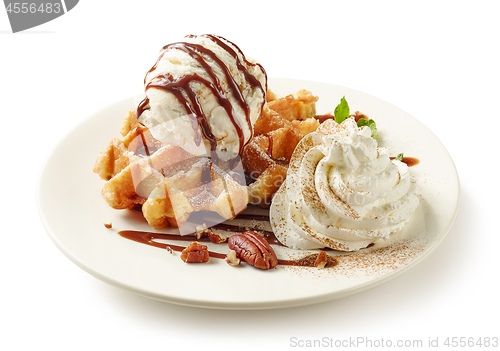 Image of belgian waffle with cream and ice cream