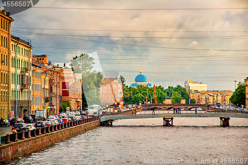 Image of panoramic view of Fontanka river bridges and Trinity Cathedral