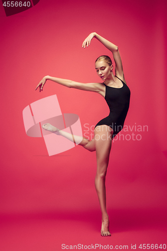 Image of Young teen dancer on red studio background.