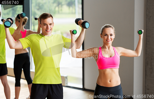 Image of couple with dumbbells exercising in gym