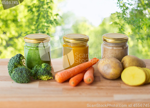 Image of vegetable puree or baby food in glass jars